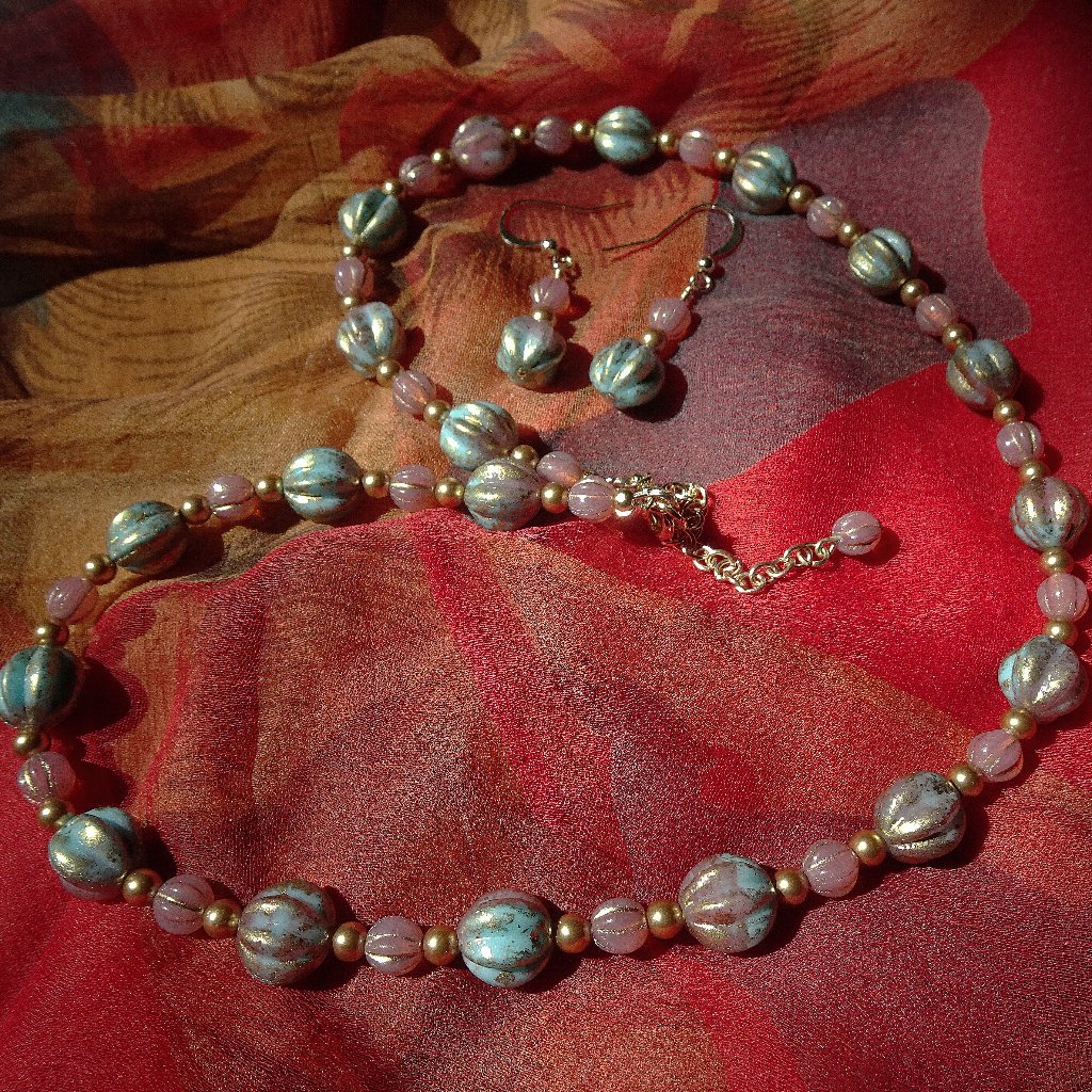 Handmade Artisanal Necklace & Earring Set Based On Gold-Washed Czech Melon Beads